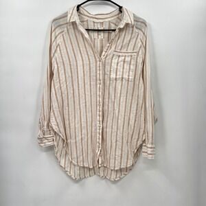 Aerie XS Striped Button Down Shirt Womens Tan White Linen Blend Oversized